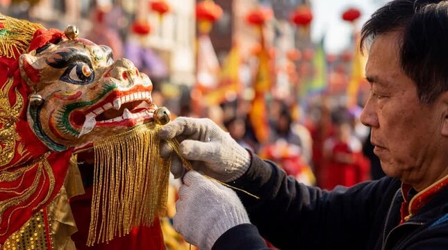 Senior man preparing the head of a traditional lion dance costume for a Chinese New Year parade with people on the street in the blurred background