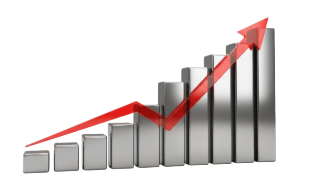 Shiny silver bar graph with red arrow pointing upwards isolated on transparent background, business growth concept in PNG format - Powered by Adobe