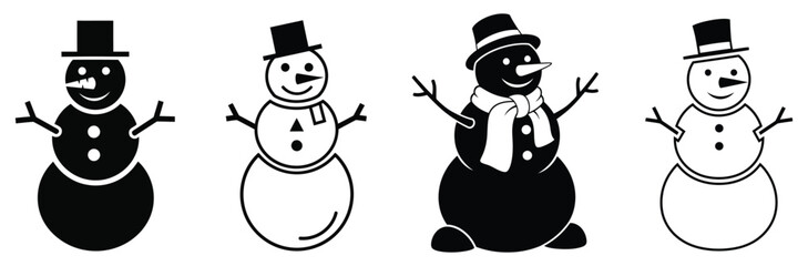 Four cheerful snowmen in different styles and colors