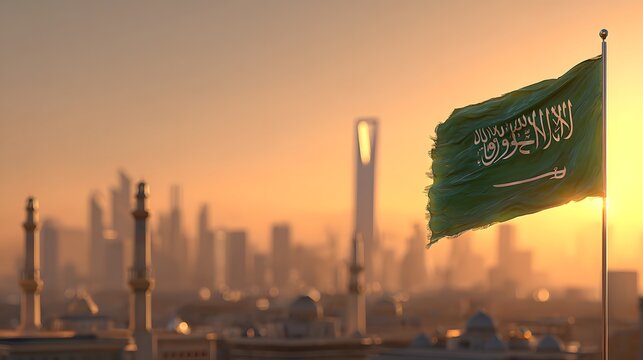 Saudi Arabia Flag with Riyadh Skyline at Sunset National Pride