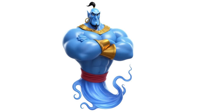Blue genie with crossed arms isolated PNG, magical character with gold jewelry on transparent background, fantasy figure for animation