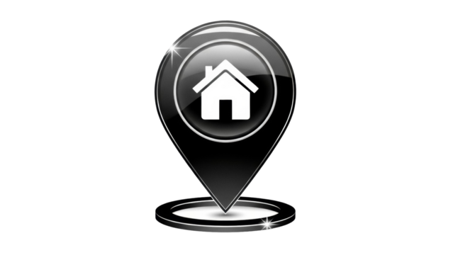 Glossy black location pin with house symbol isolated PNG, navigation pointer for maps and real estate applications on transparent background - Powered by Adobe