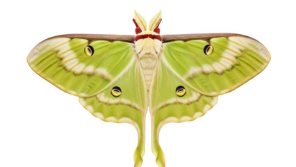 Beautiful luna moth isolated PNG on transparent background, green and white wings with eye spots, nocturnal insect for nature designs © PICSPRO
