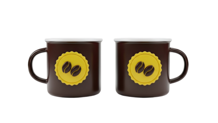 3D Two coffee mugs with coffee bean emblem on transparent background