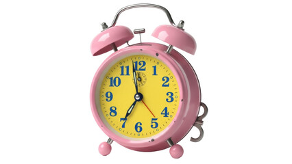 Pink alarm clock PNG isolated on transparent background, retro style twin bell clock with yellow face and blue numbers, timekeeping object