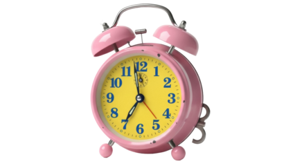 Pink alarm clock PNG isolated on transparent background, retro style twin bell clock with yellow face and blue numbers, timekeeping object