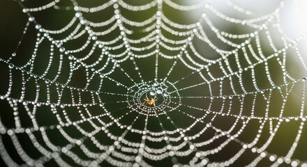 Naklejka premium Spider Web with Dew Drops and Sunlight.