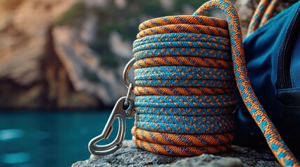 Coiled climbing rope and carabiner