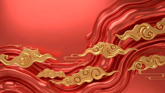 Abstract Chinese New Year background with red gold liquid metal and cloud motifs