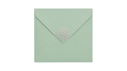 Square pale green envelope with geometric seal isolated PNG, elegant stationery for invitations and special occasions on transparent background