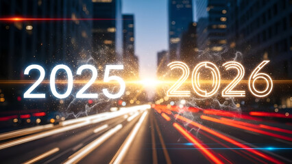 New Year 2026 Transition with Glowing Numbers and Light Trails on Busy City Background