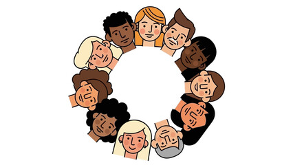 Diverse group of people of various ethnicities and ages peeking over a circular frame, representing unity and community