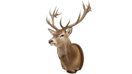 Majestic red deer head isolated PNG on transparent background, taxidermy mount with antlers for hunting lodge decor