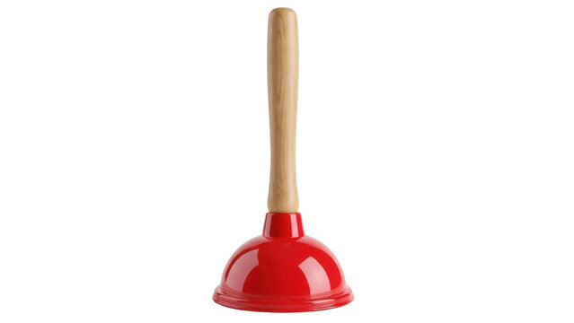 Red plunger with wooden handle isolated PNG, household tool for unclogging drains and toilets on transparent background