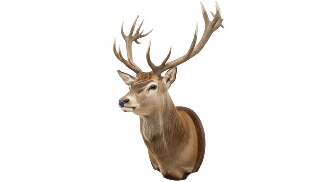 Majestic red deer head isolated PNG on transparent background, taxidermy mount with antlers for hunting lodge decor