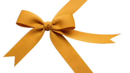 Golden yellow ribbon bow isolated PNG on transparent background, decorative element for gift wrapping and festive designs