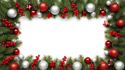 Festive Christmas border with red and silver ornaments, stars, and evergreen branches surrounding a central white copy space area