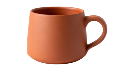 Terracotta mug isolated PNG on transparent background, rustic ceramic coffee cup with handle for hot drinks and cozy home decor