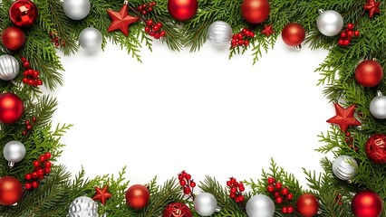 Festive Christmas border with red and silver ornaments, stars, and evergreen branches surrounding a central white copy space area