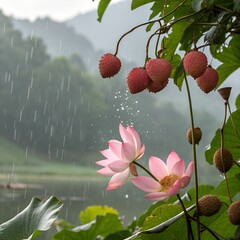 Lotus flowers and lychee fruits with falling rain, soft light, beautiful background