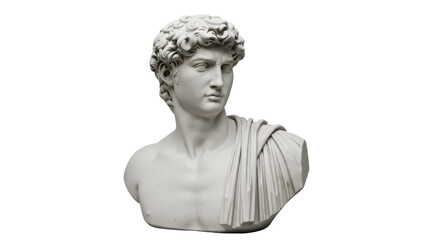 Bust of young man with curly hair isolated PNG on transparent background, classical sculpture for art and design projects