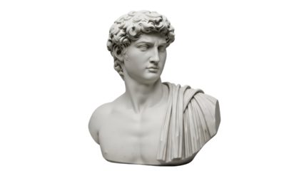 Bust of young man with curly hair isolated PNG on transparent background, classical sculpture for art and design projects