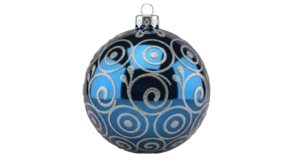 Blue Christmas ball with silver swirls isolated PNG, festive holiday ornament for seasonal decoration and design projects