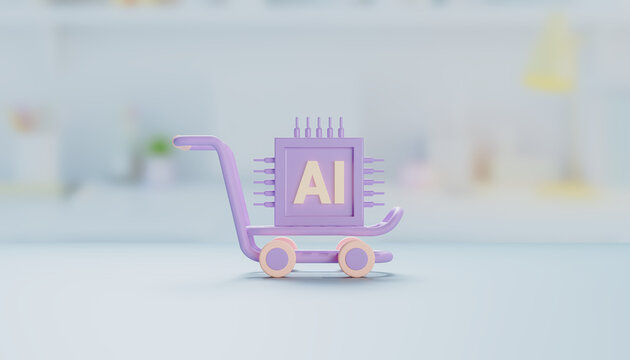 3D shopping cart with AI PCB chip. Concept of smart marketing and strategic sales driven by artificial intelligence. Harmonious colors.