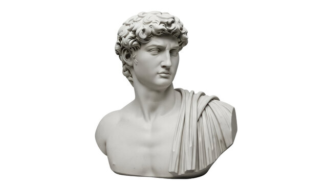 Bust of young man with curly hair isolated PNG on transparent background, classical sculpture for art and design projects - Powered by Adobe