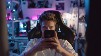 Young Gamer in Action at Desk with Headphones