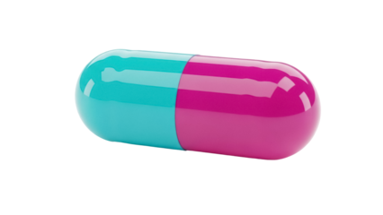 Two-tone capsule pill isolated PNG, blue and pink medicine capsule for healthcare, pharmaceutical and medical concepts on transparent background
