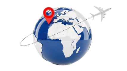 Globe with airplane and location pin isolated PNG, travel destination concept for tourism and international business