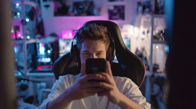 Young Gamer in Action at Desk with Headphones