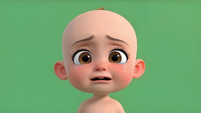 Cute 3D Cartoon Toddler Character Crying With Sad Expression On Green Screen For Children Animation Content