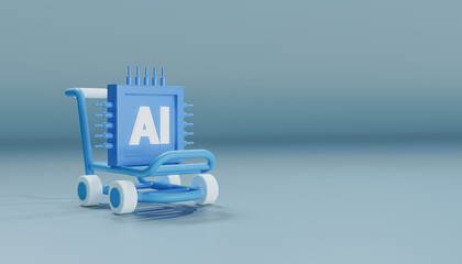 3D shopping cart with a blue AI chip on a light blue background. Marketing concept featuring artificial intelligence, digital marketing technology, and innovation in commerce automation.