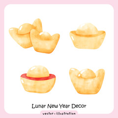 Watercolor Chinese Gold Ingot Illustration for Lunar New Year Prosperity vector