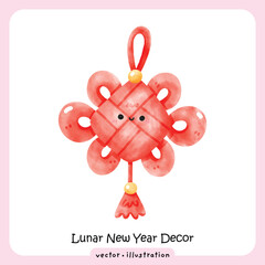 Cute Watercolor Chinese Knot Illustration with Kawaii Face and Tassel vector