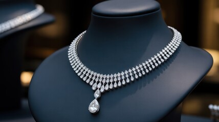 Elegant Diamond Necklace Display: Exquisite diamond necklace displayed gracefully on a sleek, black bust, showcasing timeless beauty and luxury. 