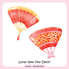 Traditional Red Watercolor Hand Fan with Golden Wave Pattern illustration vector