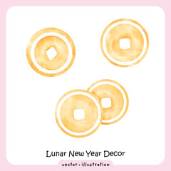 Watercolor Gold Chinese Coin Illustration for Lunar New Year and Wealth vector