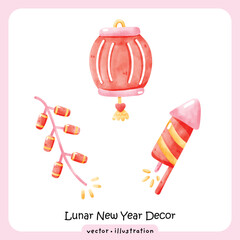 Watercolor Lunar New Year Decoration Set with Red Lantern, Firecrackers, and Rocket illustration vector