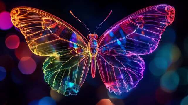 A butterfly appears in vibrant colors created with glowing light effects against a dark background