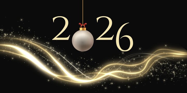 Elegant New Year 2026 background featuring golden light waves, sparkling particles and decorative hanging ornament on a black backdrop. Premium festive illustration with clean copy space suitable for 