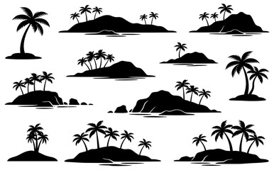 Tropical Island and Palm Tree Silhouettes Set with Ocean Shore Landscape © Dev
