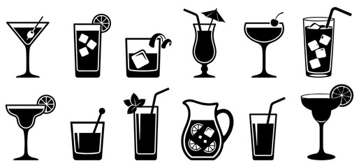 Cocktail and Beverage Glass Silhouette Set with Ice, Straw, and Garnish © Dev