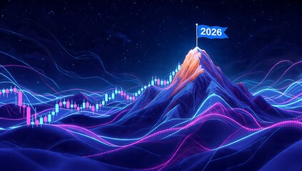 Business growth concept showing 2026 financial forecast on a neon mountain range landscape