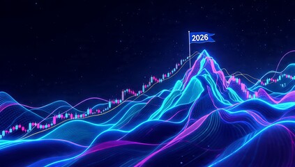 Financial stock market chart stylized as neon mountains with 2026 goal flag at peak