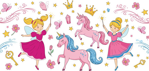 Fantasy fairies and unicorns with stars, crowns, keys, butterflies, magical elements and swirls, flat vector illustration