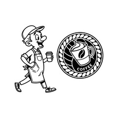 Black and White Coffee Character Logo with Emblem Featuring Beans and Steaming Cup Design