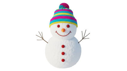 Cheerful snowman with colorful striped hat PNG isolated on transparent background, winter holiday...